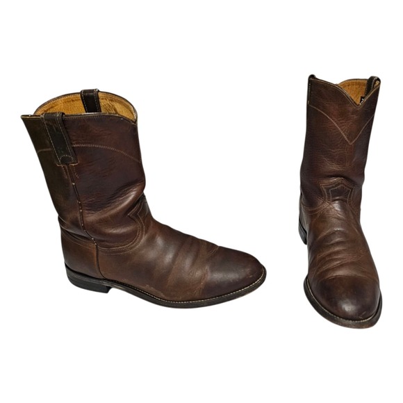 Justin 3408 Classic Brown Leather Cowboy Boots Mens 10.5 EE Wide Western Roper - Picture 1 of 13